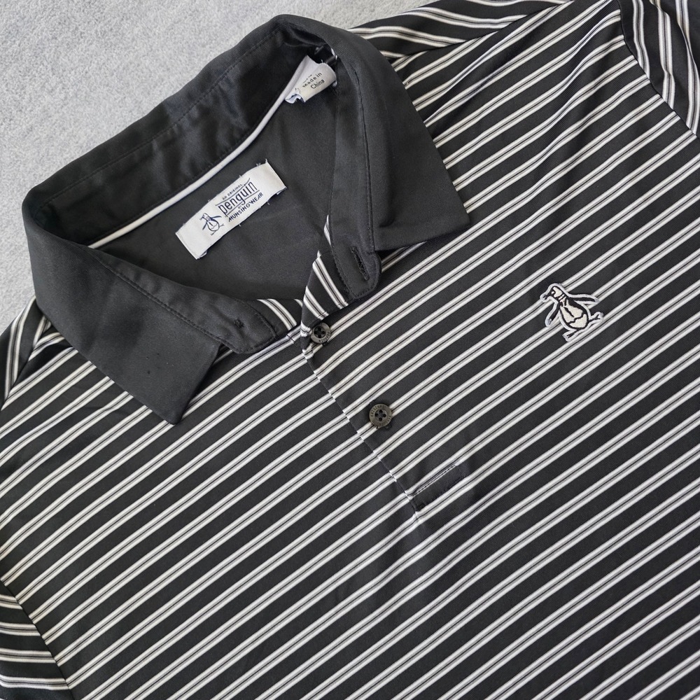 Original Penguin Men Large Black White Striped Performance Golf Polo Shirt Large